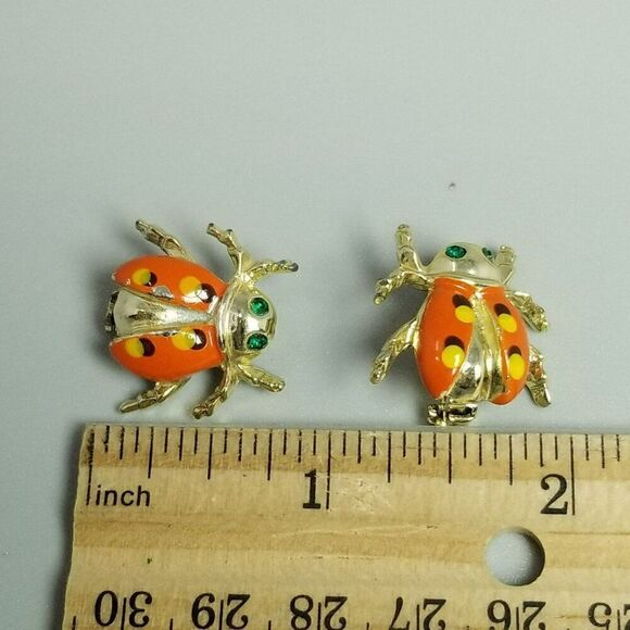 Vintage Orange Enamel Bug Scatter Pins, Retro Brooch Set, Green Eyes, Estate - Picture 5 of 7